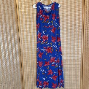 Carolyn Strauss Collection Blue Red Floral Cowl Neck Maxi Dress Large Tropical